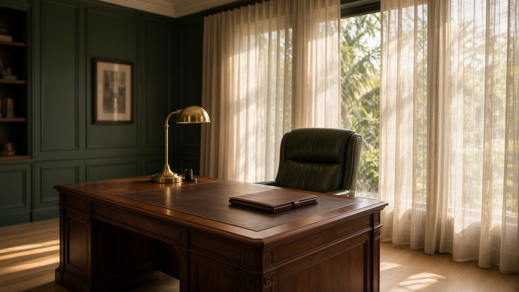 Two colleagues reviewing a return at a long walnut conference table.